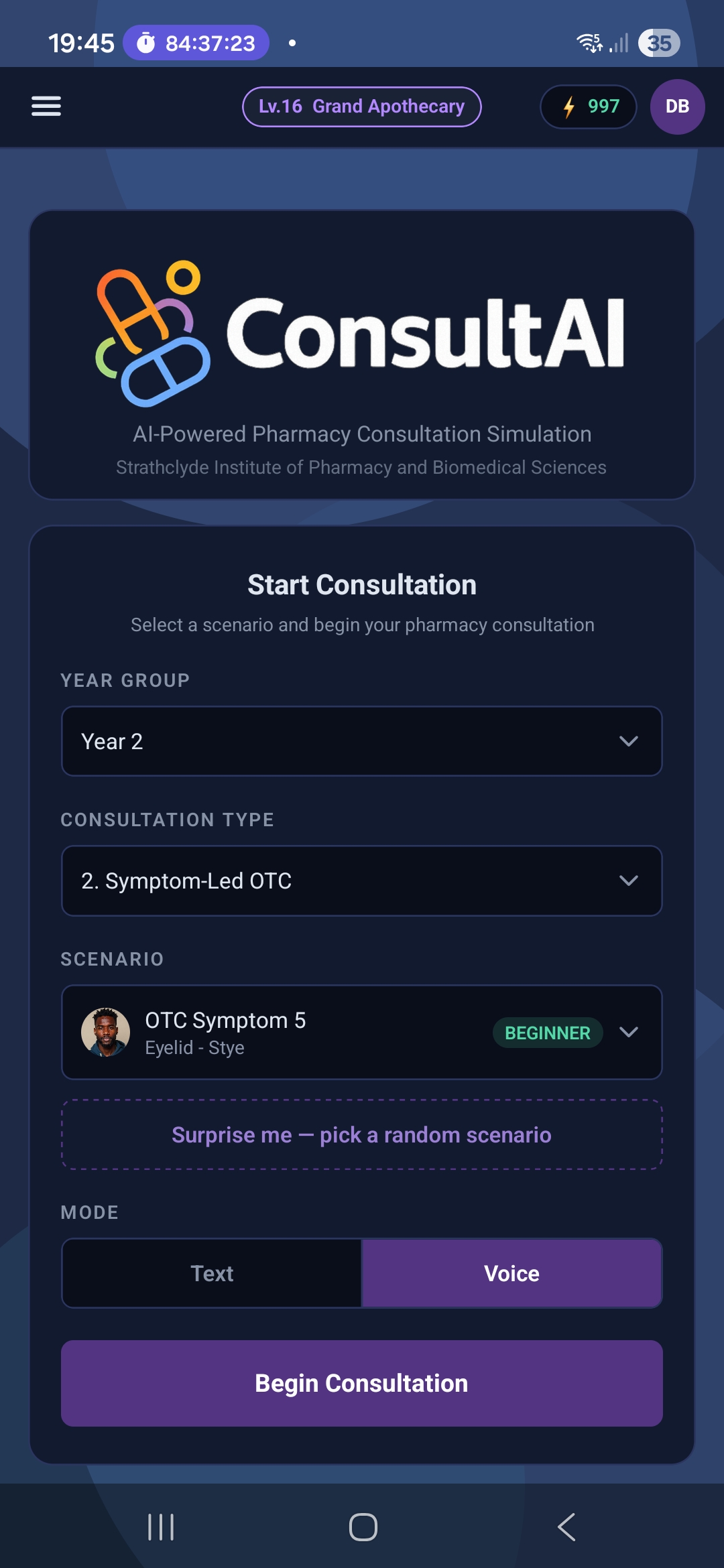 Consult AI mobile app — scenario list view