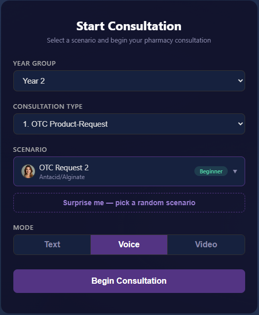 Scenario picker — browse clinical scenarios by year and category