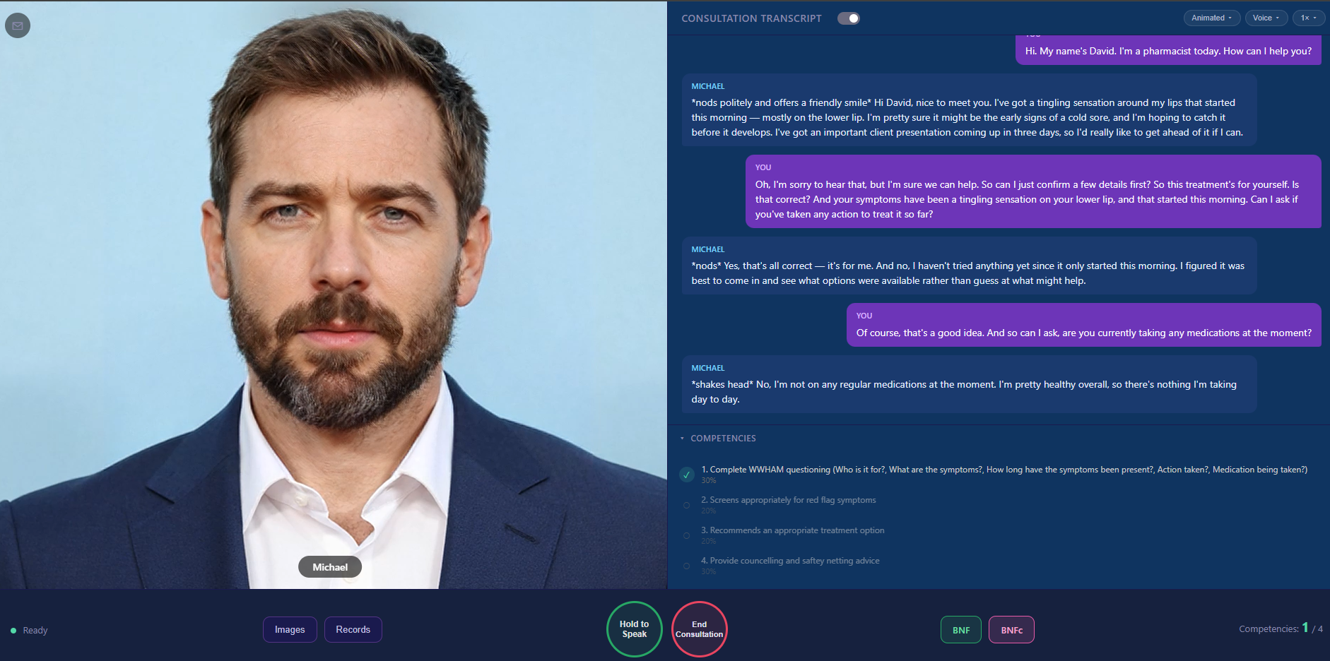 Active consultation with the patient avatar speaking
