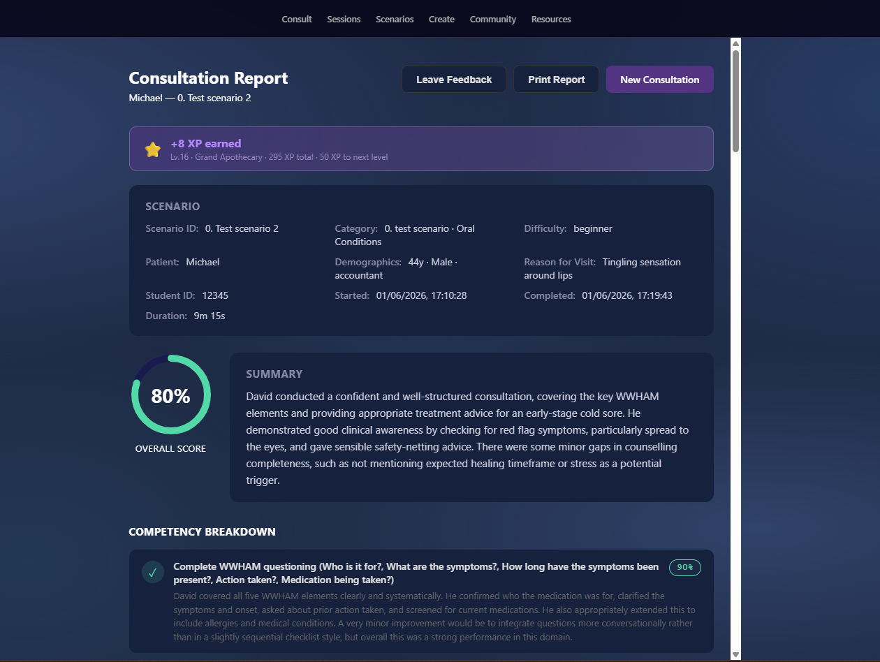 Assessment report — overall score, highlight, and priority improvement