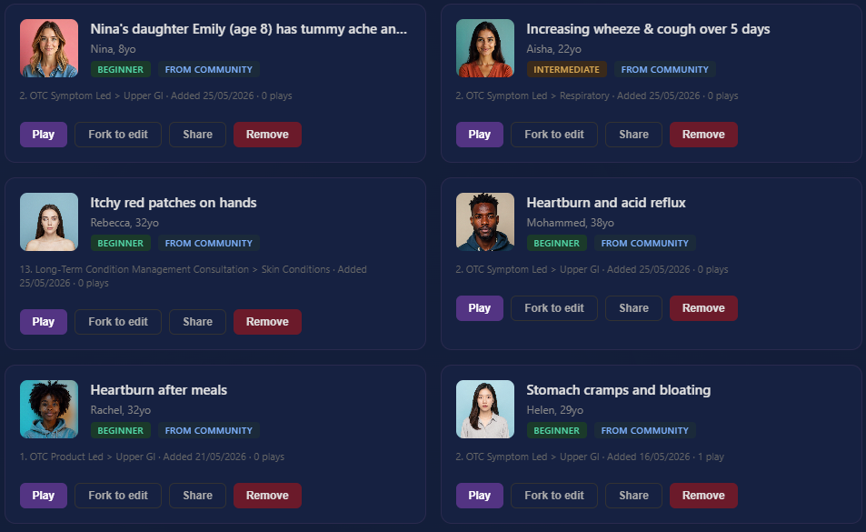 Screenshot of the Consult AI scenario browser showing the breadth of consultation classes